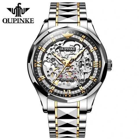 OUPINKE 3209 Men's Luxury Automatic Mechanical Skeleton Design Luminous Watch - Two Tone Black