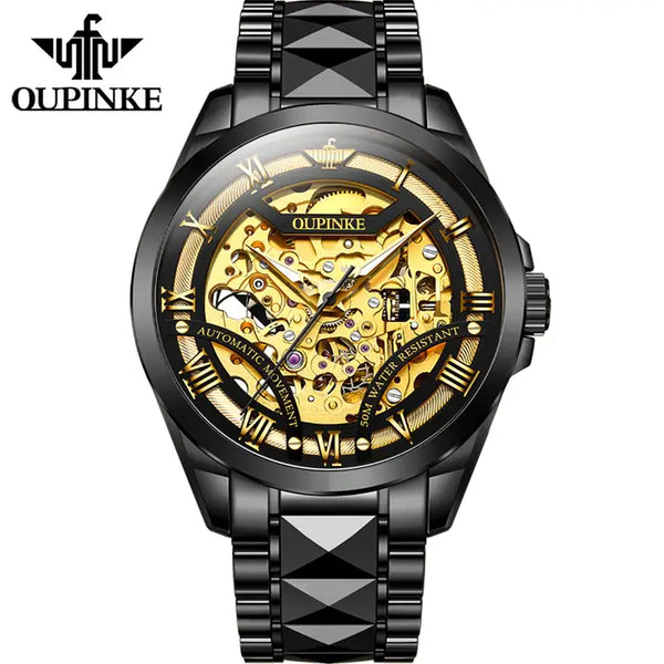 OUPINKE 3210 Men's Luxury Automatic Mechanical Skeleton Watch - Black Gold