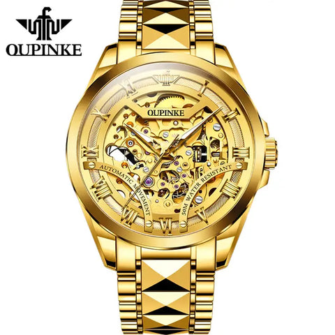 OUPINKE 3210 Men's Luxury Automatic Mechanical Skeleton Watch - Full Gold