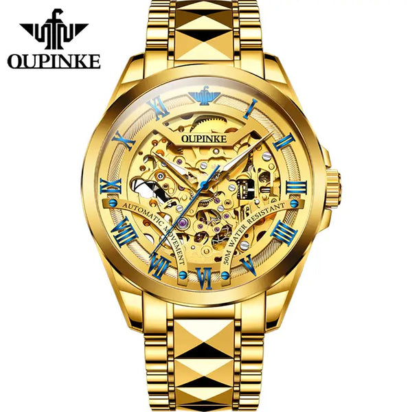 OUPINKE 3210 Men's Luxury Automatic Mechanical Skeleton Watch - Gold Blue