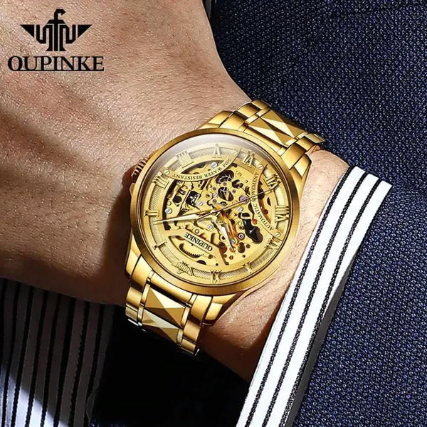 OUPINKE 3210 Men's Luxury Automatic Mechanical Skeleton Watch - Model Picture Full Gold