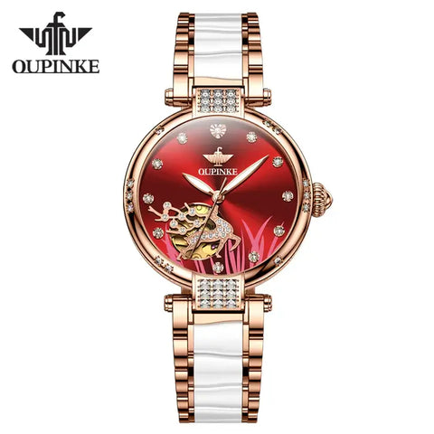 OUPINKE 3211 Women's Luxury Automatic Mechanical Elk Design Luminous Watch - Red Face