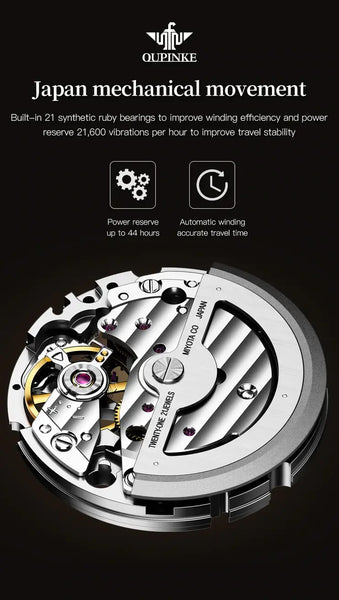 OUPINKE 3222 Men's Luxury Automatic Mechanical Skeleton Design Luminous Watch - Energy Reserve