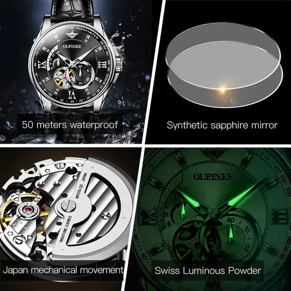 OUPINKE 3222 Men's Luxury Automatic Mechanical Skeleton Design Luminous Watch - Multiple Features