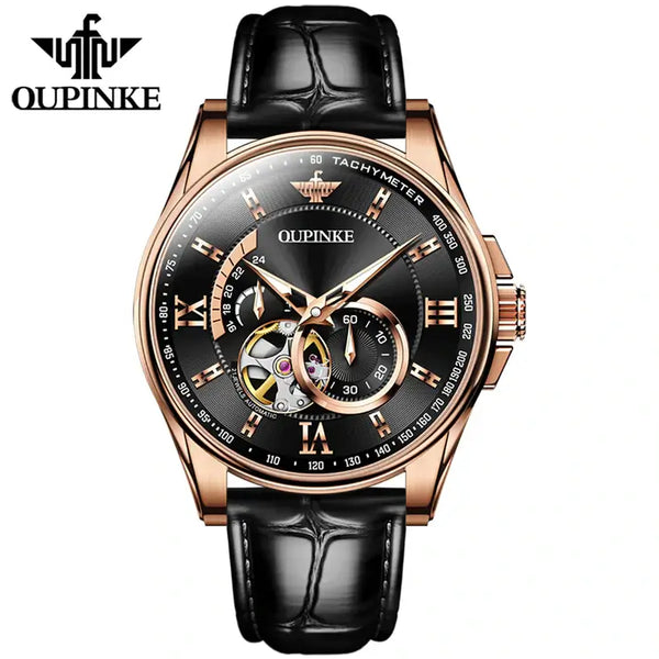 OUPINKE 3222 Men's Luxury Automatic Mechanical Skeleton Design Luminous Watch - Rose Gold Black Face
