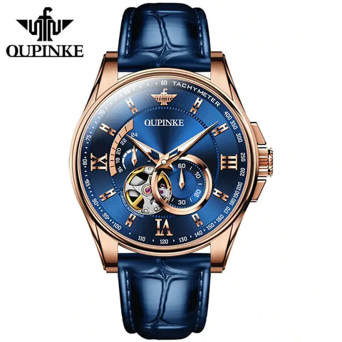 OUPINKE 3222 Men's Luxury Automatic Mechanical Skeleton Design Luminous Watch - Rose Gold Blue Face