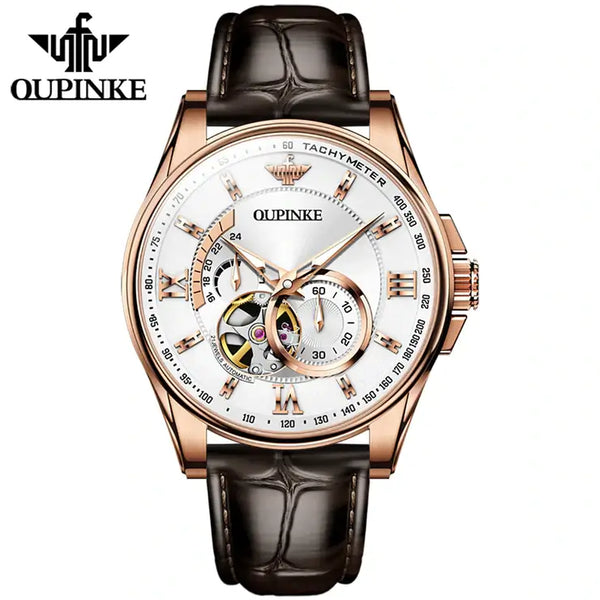 OUPINKE 3222 Men's Luxury Automatic Mechanical Skeleton Design Luminous Watch - Rose Gold White Face