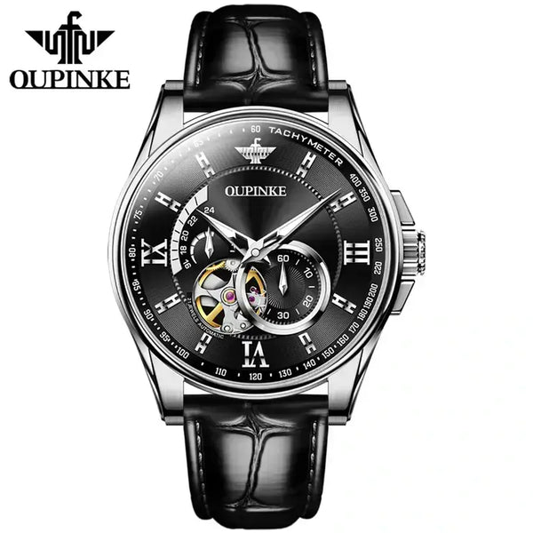OUPINKE 3222 Men's Luxury Automatic Mechanical Skeleton Design Luminous Watch - Silver Black Face
