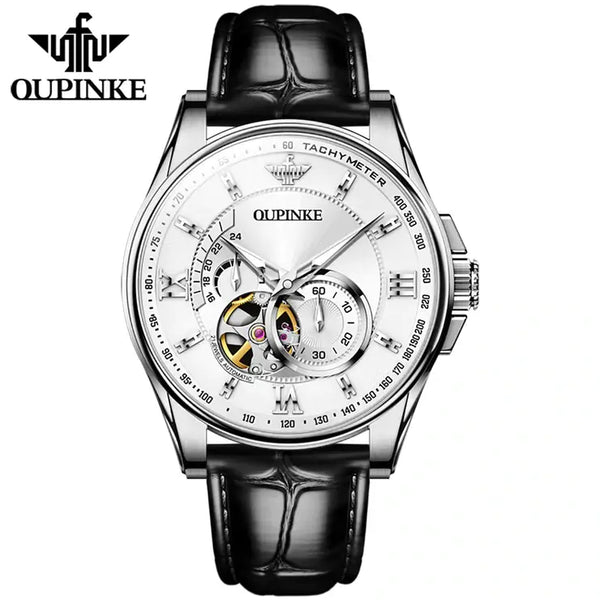 OUPINKE 3222 Men's Luxury Automatic Mechanical Skeleton Design Luminous Watch - Silver White Face