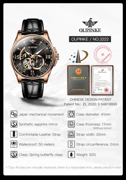 OUPINKE 3222 Men's Luxury Automatic Mechanical Skeleton Design Luminous Watch - Specifications