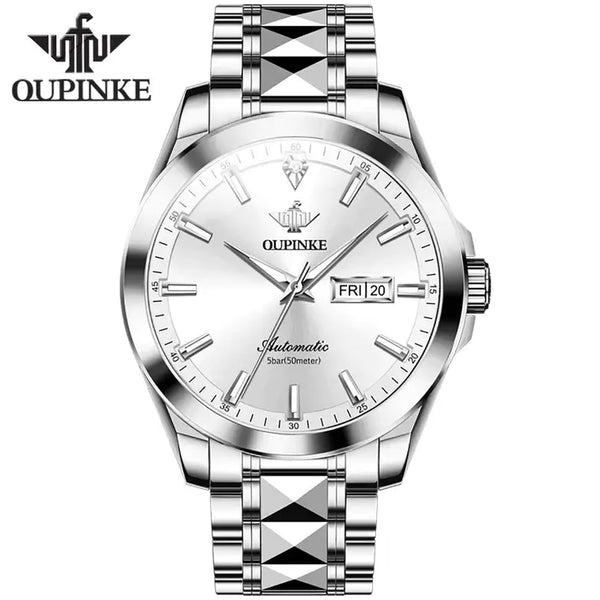 OUPINKE 3223 Men's Luxury Automatic Mechanical Luminous Watch - Silver White Face