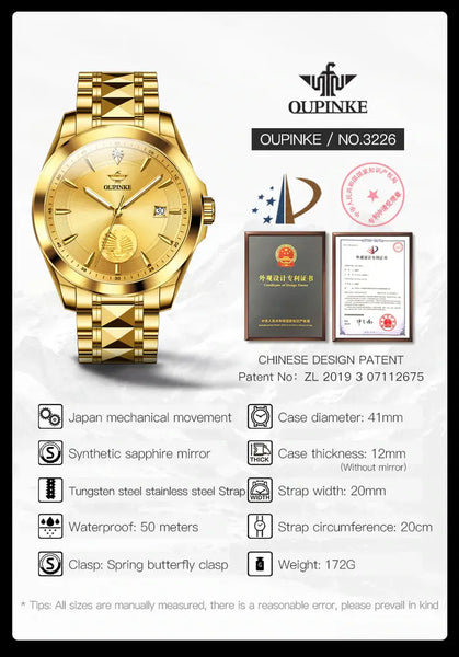 OUPINKE 3226 Men's Luxury Automatic Mechanical Luminous Watch - Specifications