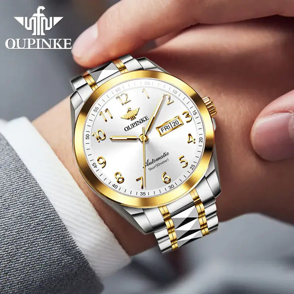 OUPINKE 3228 Men's Luxury Automatic Mechanical Luminous Watch - Model Picture Two Tone White Face