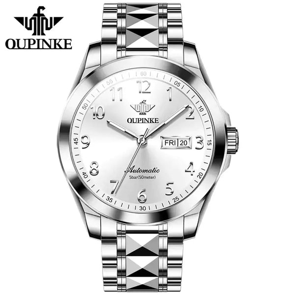 OUPINKE 3228 Men's Luxury Automatic Mechanical Luminous Watch - Silver White Face