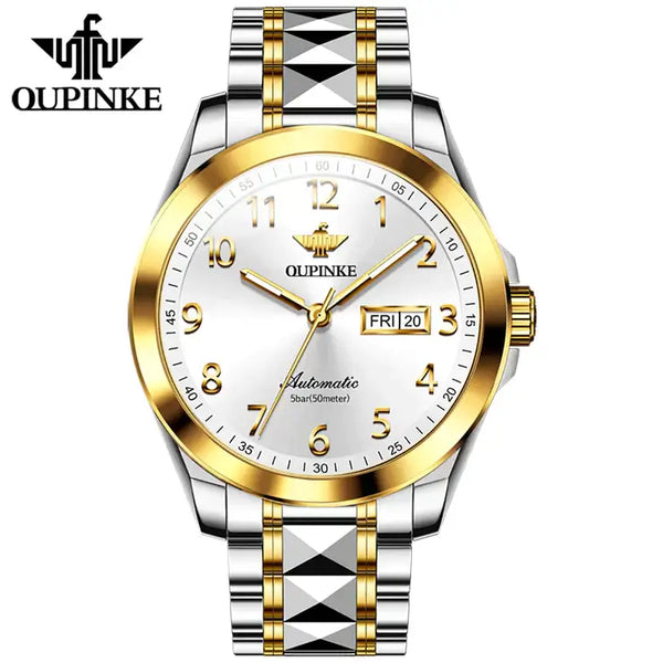 OUPINKE 3228 Men's Luxury Automatic Mechanical Luminous Watch - Two Tone White Face 