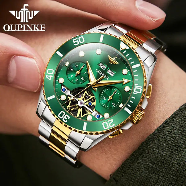 OUPINKE 3229 Men's Luxury Automatic Mechanical Complete Calendar Luminous Watch - Model Picture Two Tone Green