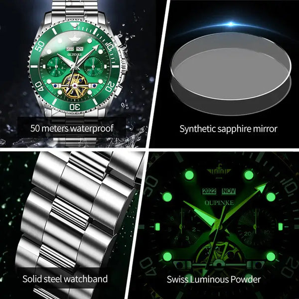 OUPINKE 3229 Men's Luxury Automatic Mechanical Complete Calendar Luminous Watch - Multiple Features