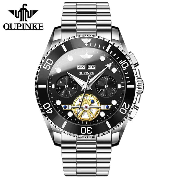 OUPINKE 3229 Men's Luxury Automatic Mechanical Complete Calendar Luminous Watch - Silver Black Face