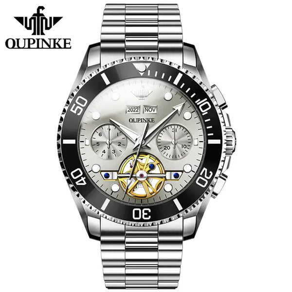 OUPINKE 3229 Men's Luxury Automatic Mechanical Complete Calendar Luminous Watch - Silver Gray Face