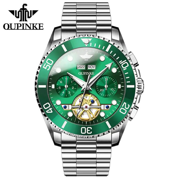 OUPINKE 3229 Men's Luxury Automatic Mechanical Complete Calendar Luminous Watch - Silver Green Face