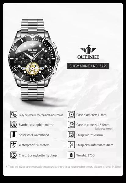 OUPINKE 3229 Men's Luxury Automatic Mechanical Complete Calendar Luminous Watch - Specifications
