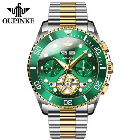 OUPINKE 3229 Men's Luxury Automatic Mechanical Complete Calendar Luminous Watch - Two Tone Green Face