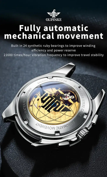 OUPINKE 3236 Men's Luxury Automatic Mechanical Complete Calendar Hollow Design Luminous Watch - Original Automatic Movement