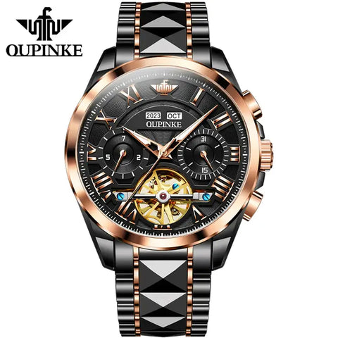 OUPINKE 3236 Men's Luxury Automatic Mechanical Complete Calendar Hollow Design Luminous Watch - Black Rose Gold Black Face