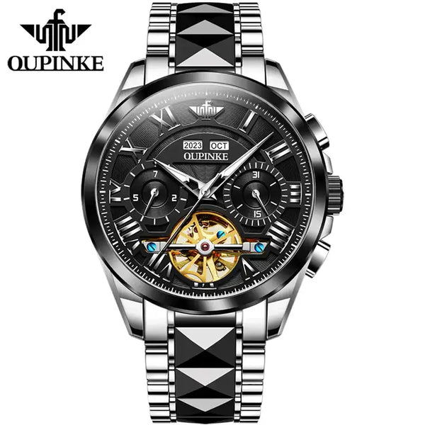 OUPINKE 3236 Men's Luxury Automatic Mechanical Complete Calendar Hollow Design Luminous Watch - Black Silver Black Face