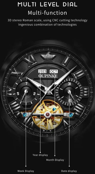 OUPINKE 3236 Men's Luxury Automatic Mechanical Complete Calendar Hollow Design Luminous Watch - Features