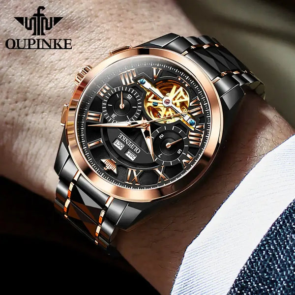 OUPINKE 3236 Men's Luxury Automatic Mechanical Complete Calendar Hollow Design Luminous Watch - Model Picture Black Rose Gold