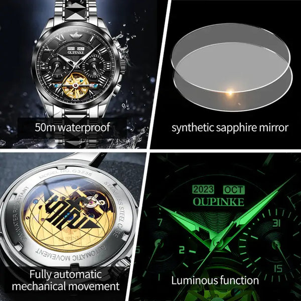 OUPINKE 3236 Men's Luxury Automatic Mechanical Complete Calendar Hollow Design Luminous Watch - Multiple Features