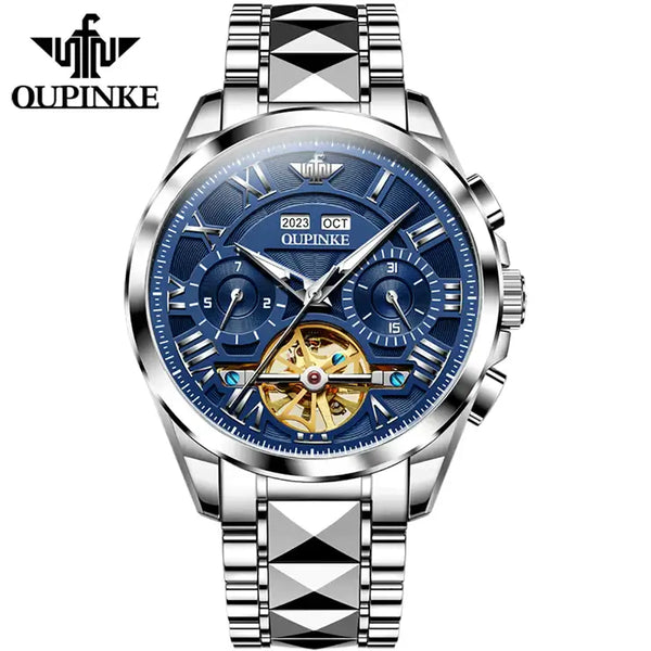 OUPINKE 3236 Men's Luxury Automatic Mechanical Complete Calendar Hollow Design Luminous Watch - Silver Blue Face