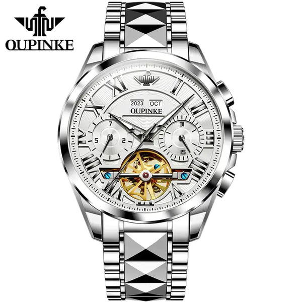 OUPINKE 3236 Men's Luxury Automatic Mechanical Complete Calendar Hollow Design Luminous Watch - Silver White Face