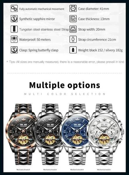 OUPINKE 3236 Men's Luxury Automatic Mechanical Complete Calendar Hollow Design Luminous Watch - Specifications