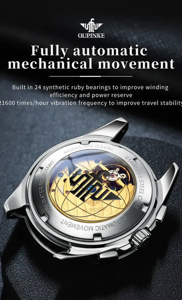 OUPINKE 3238 Men's Luxury Automatic Mechanical Complete Calendar Luminous Moon Phase Watch - Original Automatic Movement