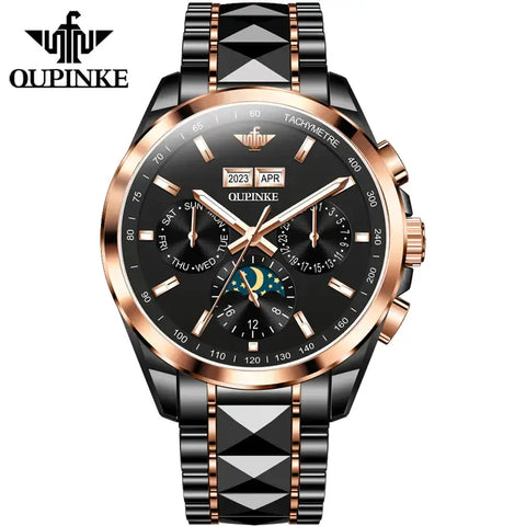 OUPINKE 3238 Men's Luxury Automatic Mechanical Complete Calendar Luminous Moon Phase Watch - Black Rose Gold Black Face