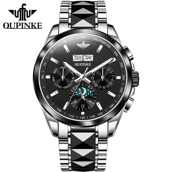 OUPINKE 3238 Men's Luxury Automatic Mechanical Complete Calendar Luminous Moon Phase Watch - Black Silver Black Face