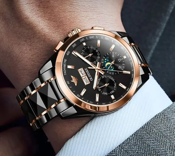 OUPINKE 3238 Men's Luxury Automatic Mechanical Complete Calendar Luminous Moon Phase Watch - Model Picture Black Rose Gold Black Face