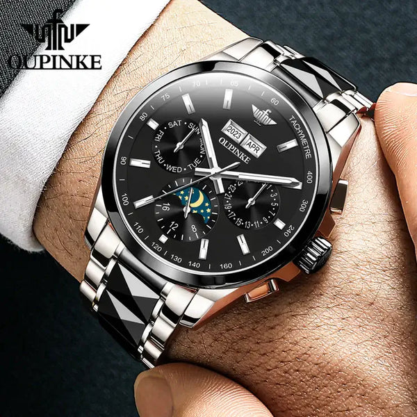 OUPINKE 3238 Men's Luxury Automatic Mechanical Complete Calendar Luminous Moon Phase Watch - Model Picture Black Silver Black Face