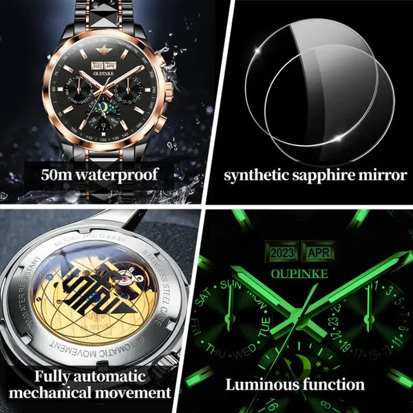 OUPINKE 3238 Men's Luxury Automatic Mechanical Complete Calendar Luminous Moon Phase Watch - Multiple Features