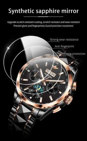 OUPINKE 3238 Men's Luxury Automatic Mechanical Complete Calendar Luminous Moon Phase Watch - Sapphire Mirror