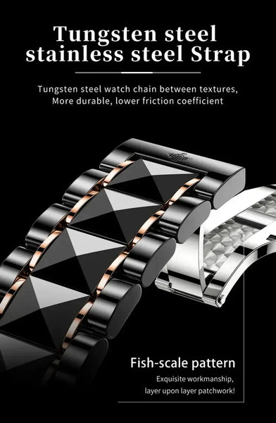OUPINKE 3238 Men's Luxury Automatic Mechanical Complete Calendar Luminous Moon Phase Watch - Tungsten Steel Strap