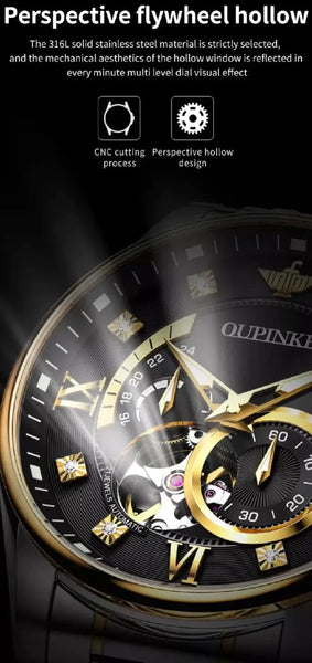 OUPINKE 3245 Men's Luxury Automatic Mechanical Hollow Design Luminous Watch - Features