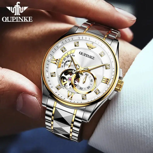 OUPINKE 3245 Men's Luxury Automatic Mechanical Hollow Design Luminous Watch - Model Picture Two Tone White Face