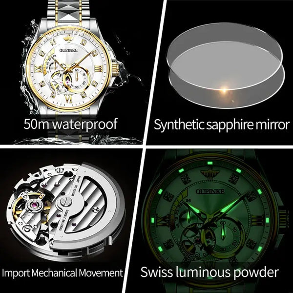 OUPINKE 3245 Men's Luxury Automatic Mechanical Hollow Design Luminous Watch - Multiple Features