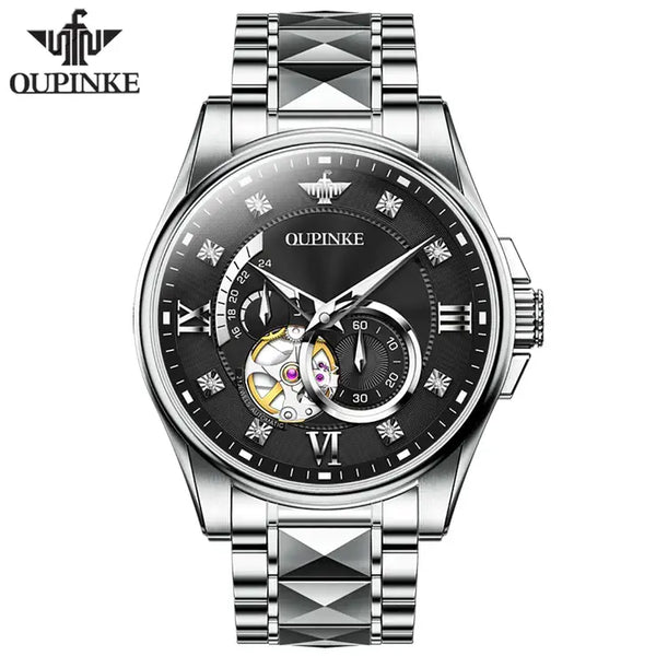OUPINKE 3245 Men's Luxury Automatic Mechanical Hollow Design Luminous Watch - Silver Black Face