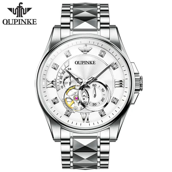 OUPINKE 3245 Men's Luxury Automatic Mechanical Hollow Design Luminous Watch - Silver White Face