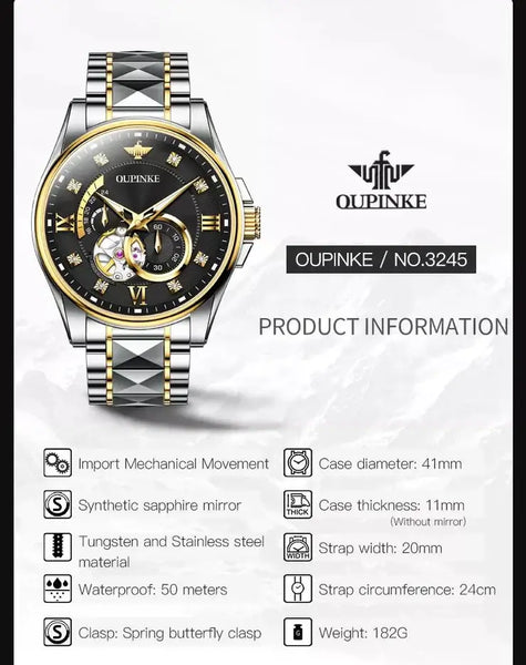 OUPINKE 3245 Men's Luxury Automatic Mechanical Hollow Design Luminous Watch - Specifications
