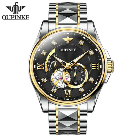 OUPINKE 3245 Men's Luxury Automatic Mechanical Hollow Design Luminous Watch - Two Tone Black Face